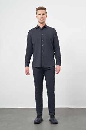 Lacivert Uzun Kol Düz Gabardin Sert Yaka Cepli Pamuklu Classic Comfort Fit Gömlek 1004245168