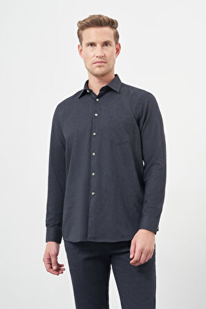 Lacivert Uzun Kol Düz Gabardin Sert Yaka Cepli Pamuklu Classic Comfort Fit Gömlek 1004245168