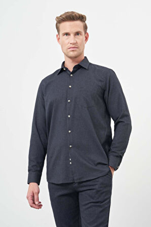 Lacivert Uzun Kol Düz Gabardin Sert Yaka Cepli Pamuklu Classic Comfort Fit Gömlek 1004245168
