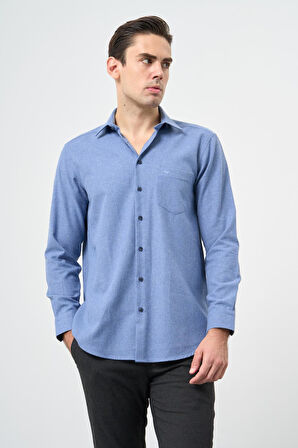 Mavi Uzun Kol Düz Gabardin Sert Yaka Cepli Pamuklu Classic Comfort Fit Gömlek 1004245168