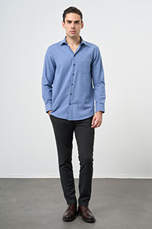 Mavi Uzun Kol Düz Gabardin Sert Yaka Cepli Pamuklu Classic Comfort Fit Gömlek 1004245168