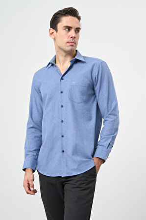 Mavi Uzun Kol Düz Gabardin Sert Yaka Cepli Pamuklu Classic Comfort Fit Gömlek 1004245168