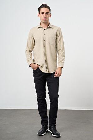 Açık Bej Uzun Kol Düz Gabardin Sert Yaka Cepli Pamuklu Classic Comfort Fit Gömlek 1004245168