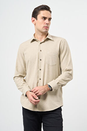 Açık Bej Uzun Kol Düz Gabardin Sert Yaka Cepli Pamuklu Classic Comfort Fit Gömlek 1004245168