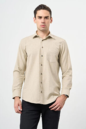 Açık Bej Uzun Kol Düz Gabardin Sert Yaka Cepli Pamuklu Classic Comfort Fit Gömlek 1004245168