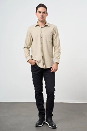 Açık Bej Uzun Kol Düz Gabardin Sert Yaka Cepli Pamuklu Classic Comfort Fit Gömlek 1004245168