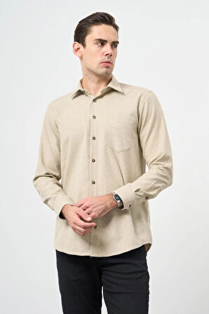 Açık Bej Uzun Kol Düz Gabardin Sert Yaka Cepli Pamuklu Classic Comfort Fit Gömlek 1004245168