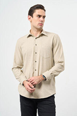 Açık Bej Uzun Kol Düz Gabardin Sert Yaka Cepli Pamuklu Classic Comfort Fit Gömlek 1004245168