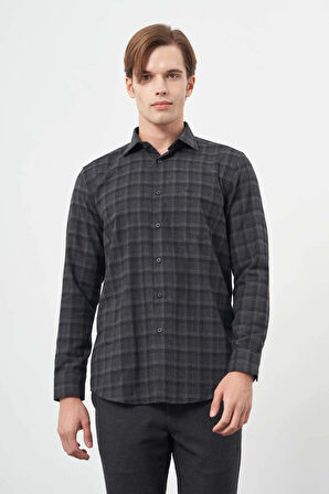 Siyah Uzun Kol Ekose Desen Gabardin Sert Yaka Cepli Pamuklu Classic Comfort Fit Gömlek 1004245169