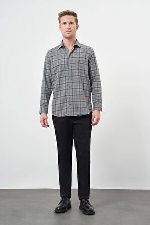 Füme Uzun Kol Ekose Desen Gabardin Sert Yaka Cepli Pamuklu Classic Comfort Fit Gömlek 1004245170