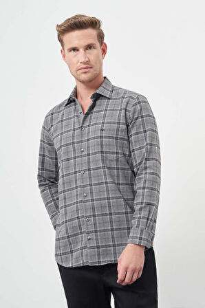 Füme Uzun Kol Ekose Desen Gabardin Sert Yaka Cepli Pamuklu Classic Comfort Fit Gömlek 1004245170
