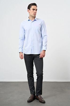 Koyu Mavi Uzun Kol Kendinden Desenli Armürlü Yarım İtalyan Yaka Cepli Pamuklu Classic Comfort Fit Gömlek 1004245171