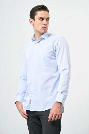 Koyu Mavi Uzun Kol Kendinden Desenli Armürlü Yarım İtalyan Yaka Cepli Pamuklu Classic Comfort Fit Gömlek 1004245171