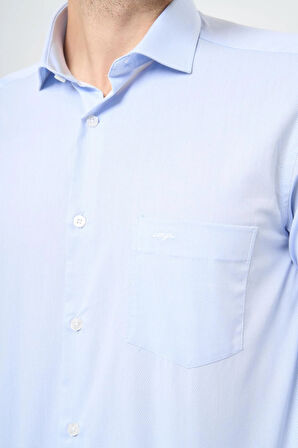 Koyu Mavi Uzun Kol Kendinden Desenli Armürlü Yarım İtalyan Yaka Cepli Pamuklu Classic Comfort Fit Gömlek 1004245171