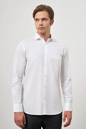 Beyaz Uzun Kol Kendinden Kareli Desen Armürlü Yarım İtalyan Yaka Cepli Pamuklu Classic Comfort Fit Gömlek 1004245173