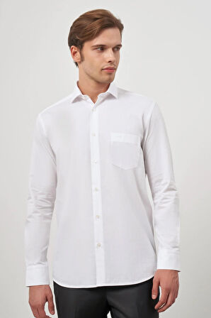 Beyaz Uzun Kol Kendinden Kareli Desen Armürlü Yarım İtalyan Yaka Cepli Pamuklu Classic Comfort Fit Gömlek 1004245173