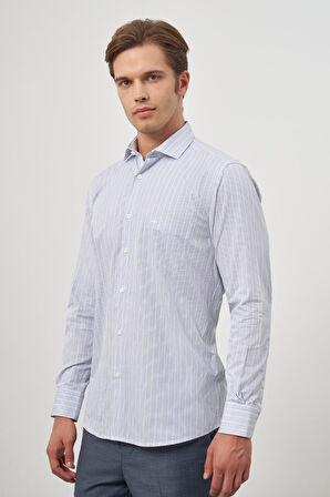 Beyaz Uzun Kol Kareli Desen Bez Ayağı Yarım İtalyan Yaka Cepli Pamuklu Classic Comfort Fit Gömlek 1004245178