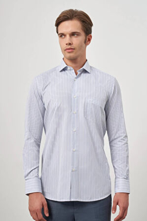 Beyaz Uzun Kol Kareli Desen Bez Ayağı Yarım İtalyan Yaka Cepli Pamuklu Classic Comfort Fit Gömlek 1004245178