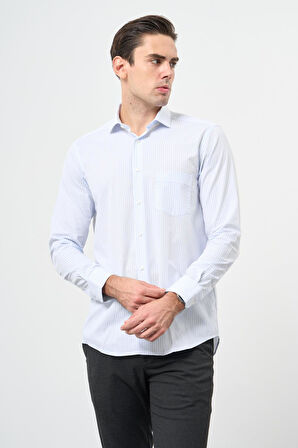 Beyaz Uzun Kol Çizgili Desen Bez Ayağı Yarım İtalyan Yaka Cepli Pamuklu Classic Comfort Fit Gömlek 1004245183