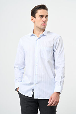 Beyaz Uzun Kol Çizgili Desen Bez Ayağı Yarım İtalyan Yaka Cepli Pamuklu Classic Comfort Fit Gömlek 1004245184