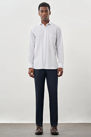 Beyaz Uzun Kol Çizgili Desen Gabardin Yarım İtalyan Yaka Cepli Pamuklu Classic Comfort Fit Gömlek 1004245185