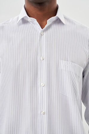 Beyaz Uzun Kol Çizgili Desen Gabardin Yarım İtalyan Yaka Cepli Pamuklu Classic Comfort Fit Gömlek 1004245185