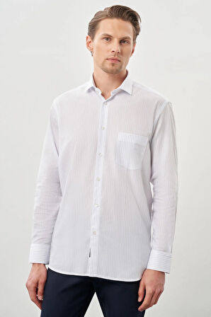 Beyaz Uzun Kol Çizgili Desen Gabardin Yarım İtalyan Yaka Cepli Pamuklu Classic Comfort Fit Gömlek 1004245185