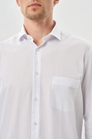 Beyaz Uzun Kol Çizgili Desen Gabardin Yarım İtalyan Yaka Cepli Pamuklu Classic Comfort Fit Gömlek 1004245185