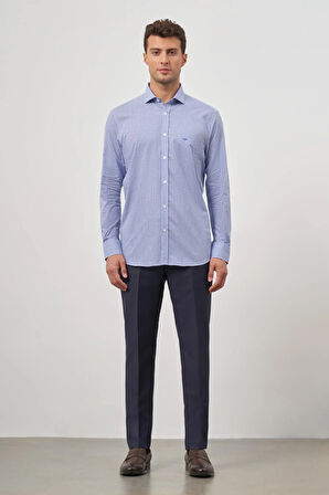 Saks Uzun Kol Kareli Desen Bez Ayağı Yarım İtalyan Sert Yaka Cepli %100 Pamuk Classic Comfort Fit Gömlek 1004245188