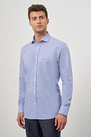 Saks Uzun Kol Kareli Desen Bez Ayağı Yarım İtalyan Sert Yaka Cepli %100 Pamuk Classic Comfort Fit Gömlek 1004245188