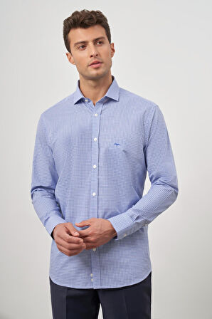 Saks Uzun Kol Kareli Desen Bez Ayağı Yarım İtalyan Sert Yaka Cepli %100 Pamuk Classic Comfort Fit Gömlek 1004245188