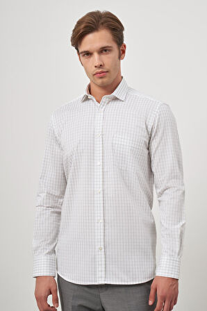 Beyaz Uzun Kol Kareli Desen Gabardin Yarım İtalyan Sert Yaka Cepli %100 Pamuk Classic Comfort Fit Gömlek 1004245193