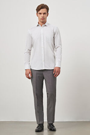 Beyaz Uzun Kol Kareli Desen Gabardin Yarım İtalyan Sert Yaka Cepli %100 Pamuk Classic Comfort Fit Gömlek 1004245193