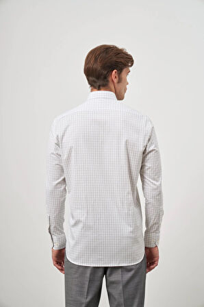 Beyaz Uzun Kol Kareli Desen Gabardin Yarım İtalyan Sert Yaka Cepli %100 Pamuk Classic Comfort Fit Gömlek 1004245193