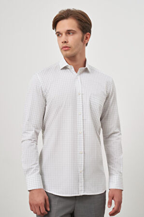 Beyaz Uzun Kol Kareli Desen Gabardin Yarım İtalyan Sert Yaka Cepli %100 Pamuk Classic Comfort Fit Gömlek 1004245193