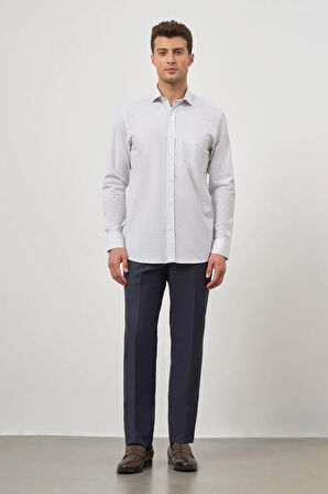 Beyaz Uzun Kol Kareli Desen Bez Ayağı Yarım İtalyan Yaka Cepli %100 Pamuk Classic Comfort Fit Gömlek 1004245194