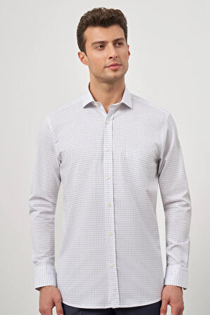 Beyaz Uzun Kol Kareli Desen Bez Ayağı Yarım İtalyan Yaka Cepli %100 Pamuk Classic Comfort Fit Gömlek 1004245194