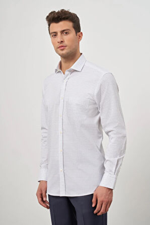 Beyaz Uzun Kol Kareli Desen Bez Ayağı Yarım İtalyan Yaka Cepli %100 Pamuk Classic Comfort Fit Gömlek 1004245194