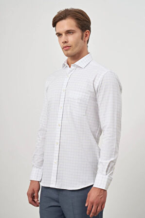 Beyaz Uzun Kol Kareli Desen Oxford Yarım İtalyan Yaka Cepli %100 Pamuk Classic Comfort Fit Gömlek 1004245197