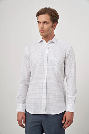 Beyaz Uzun Kol Kareli Desen Oxford Yarım İtalyan Yaka Cepli %100 Pamuk Classic Comfort Fit Gömlek 1004245197