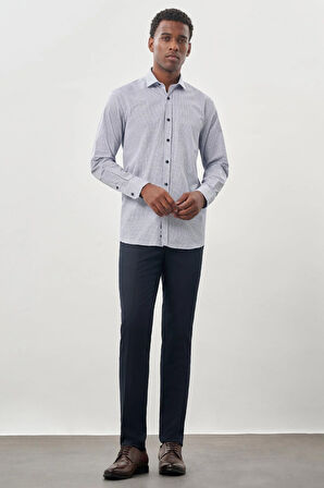 Beyaz Uzun Kol Kareli Desen Gabardin Yarım İtalyan Yaka Cepli Pamuklu Classic Comfort Fit Gömlek 1004245201
