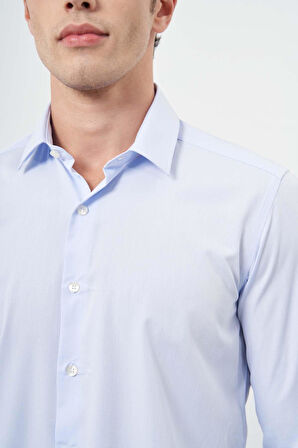 Koyu Mavi Uzun Kol Kendinden Desenli Armürlü Sert Yaka Cepsiz Pamuklu Classic Slim Fit Gömlek 1004245202