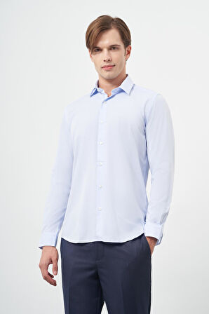 Koyu Mavi Uzun Kol Kendinden Desenli Armürlü Sert Yaka Cepsiz Pamuklu Classic Slim Fit Gömlek 1004245202