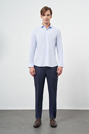 Koyu Mavi Uzun Kol Kendinden Desenli Armürlü Sert Yaka Cepsiz Pamuklu Classic Slim Fit Gömlek 1004245202