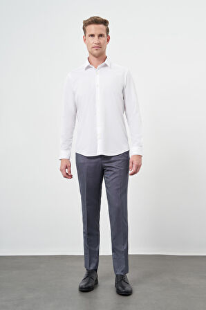 Beyaz Uzun Kol Kendinden Desenli Armürlü Sert Yaka Cepsiz Pamuklu Classic Slim Fit Gömlek 1004245202