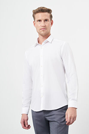 Beyaz Uzun Kol Kendinden Desenli Armürlü Sert Yaka Cepsiz Pamuklu Classic Slim Fit Gömlek 1004245202