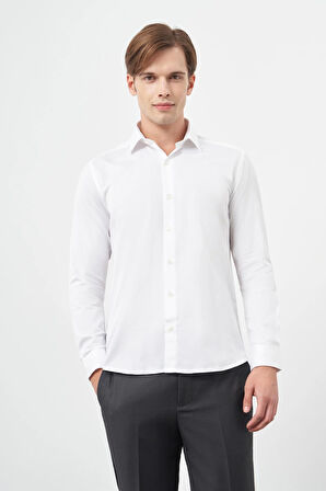 Beyaz Uzun Kol Düz Gabardin Sert Yaka Cepsiz Pamuklu Classic Slim Fit Gömlek 1004245203