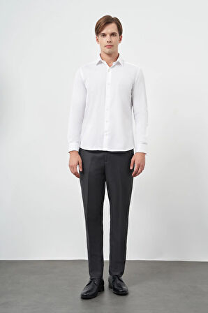 Beyaz Uzun Kol Düz Gabardin Sert Yaka Cepsiz Pamuklu Classic Slim Fit Gömlek 1004245203