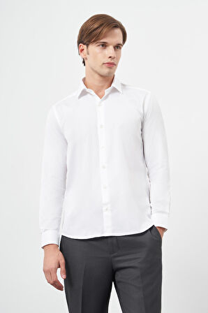 Beyaz Uzun Kol Düz Gabardin Sert Yaka Cepsiz Pamuklu Classic Slim Fit Gömlek 1004245203