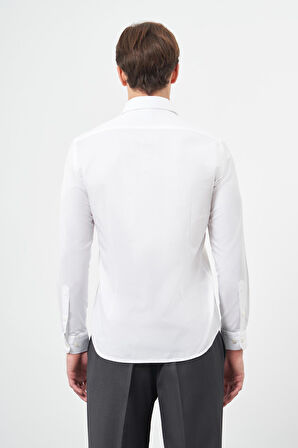 Beyaz Uzun Kol Düz Gabardin Sert Yaka Cepsiz Pamuklu Classic Slim Fit Gömlek 1004245203